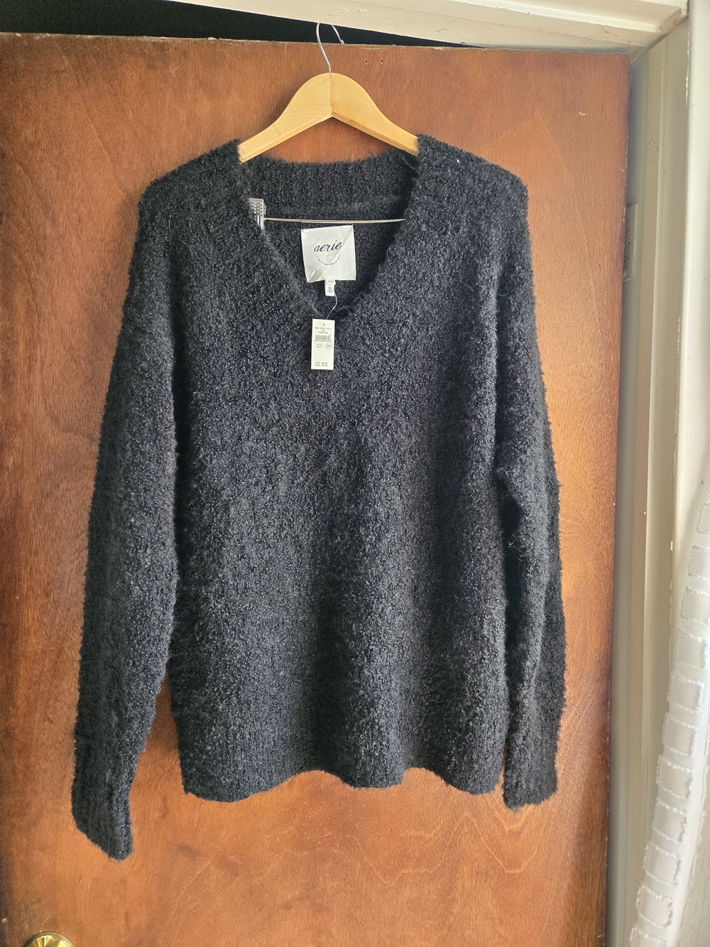 Aerie Black Fuzzy V-Neck Oversized  Sweater